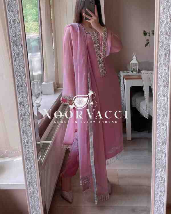 Faux Georgette Handworked Top and Pant Set with Dupatta