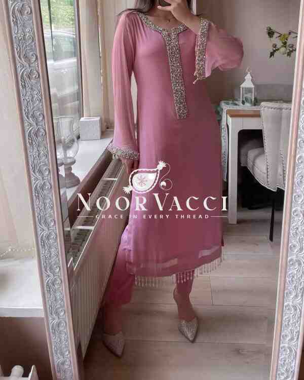 Faux Georgette Handworked Top and Pant Set with Dupatta - Image 3