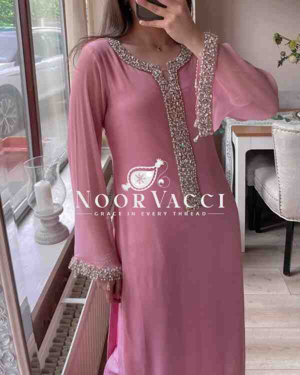 Faux Georgette Handworked Top and Pant Set with Dupatta - Image 2