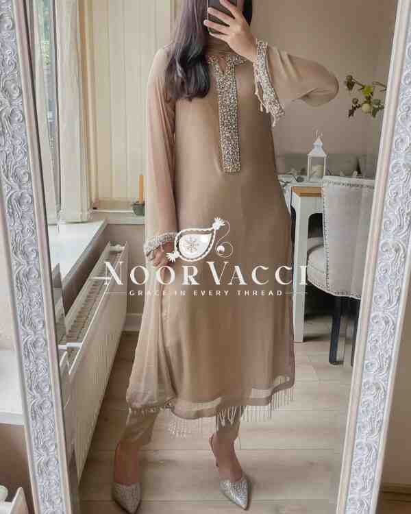 Faux Georgette Handworked Top and Pant Set with Dupatta - Image 2