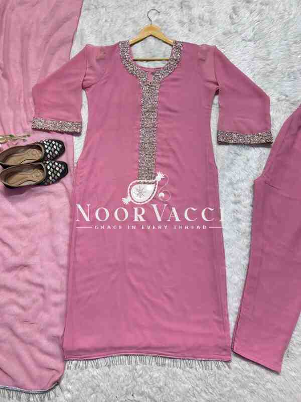 Faux Georgette Handworked Top and Pant Set with Dupatta - Image 4