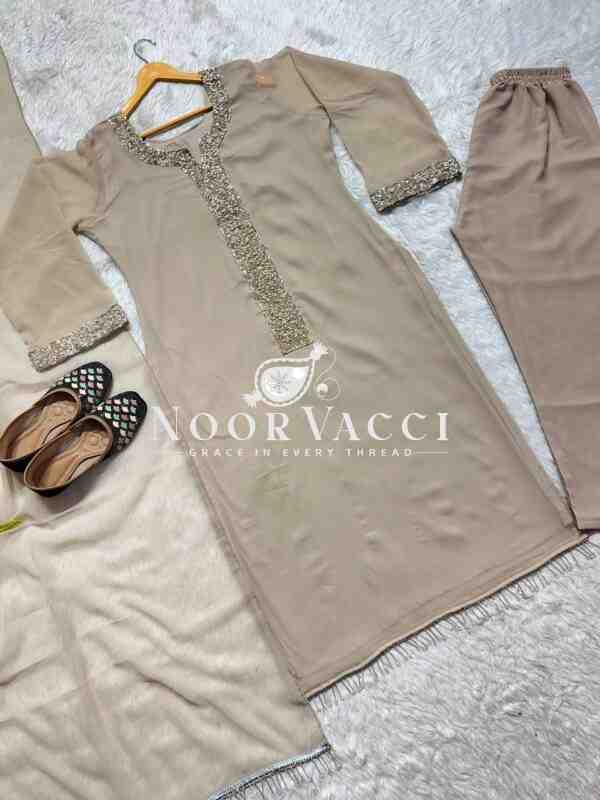 Faux Georgette Handworked Top and Pant Set with Dupatta - Image 4