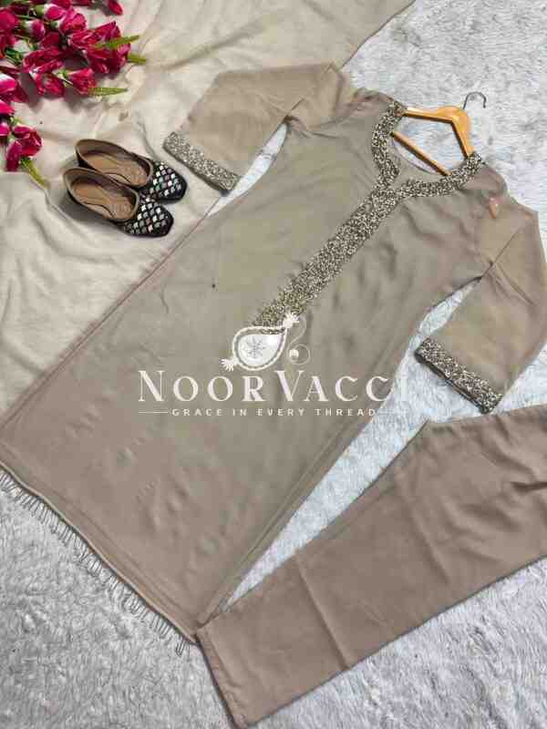Faux Georgette Handworked Top and Pant Set with Dupatta - Image 5