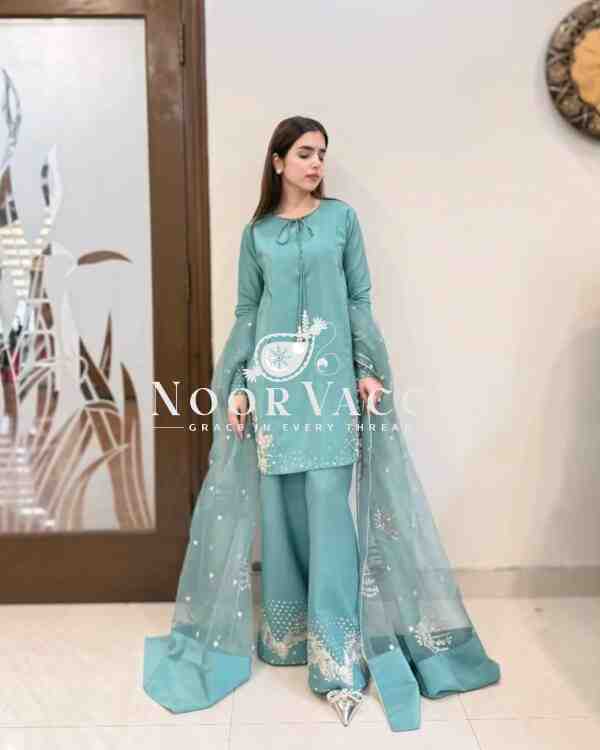 Natural Crepe Embroidered Top with Palazzo & Organza Dupatta - Image 2