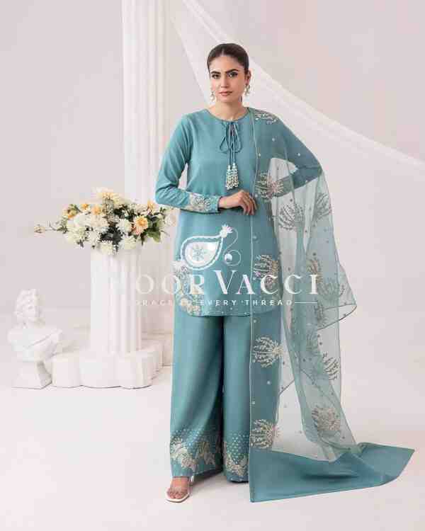Natural Crepe Embroidered Top with Palazzo & Organza Dupatta - Image 3