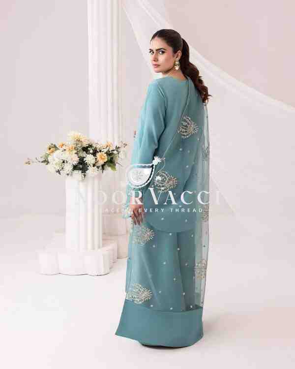Natural Crepe Embroidered Top with Palazzo & Organza Dupatta - Image 5