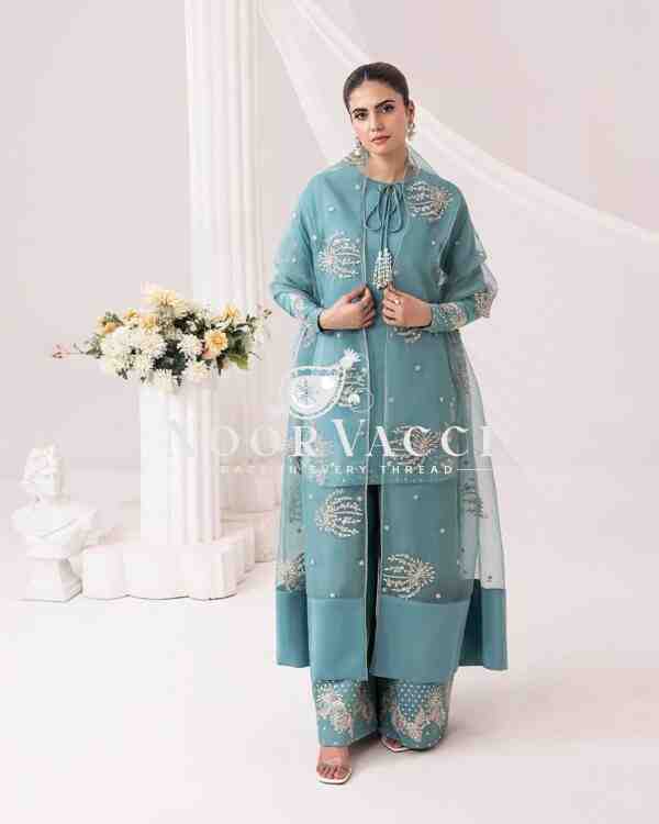 Natural Crepe Embroidered Top with Palazzo & Organza Dupatta - Image 4