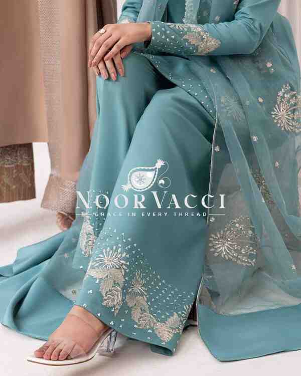 Natural Crepe Embroidered Top with Palazzo & Organza Dupatta - Image 9