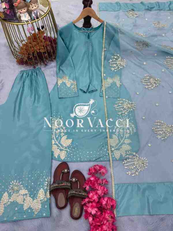 Natural Crepe Embroidered Top with Palazzo & Organza Dupatta - Image 7