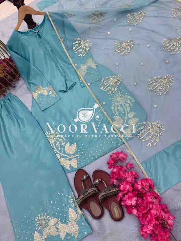 Natural Crepe Embroidered Top with Palazzo & Organza Dupatta - Image 6