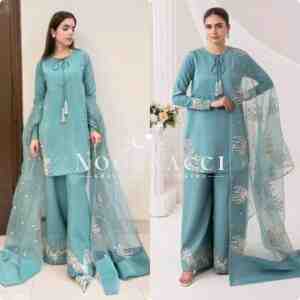 Natural Crepe Embroidered Top with Palazzo & Organza Dupatta