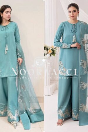 Buy Natural Crepe Embroidered Top with Palazzo & Organza Dupatta