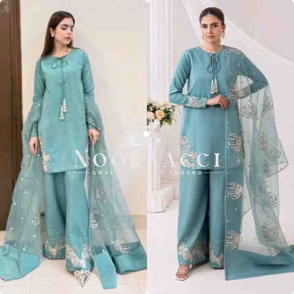 Natural Crepe Embroidered Top with Palazzo & Organza Dupatta