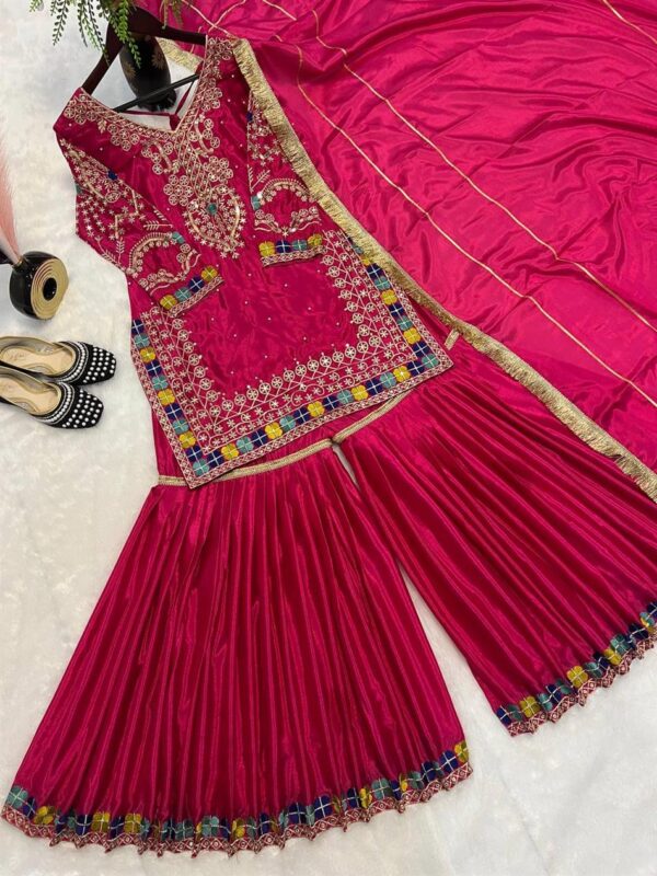 Shop Heavy Chinon Embroidered Sharara Plazo Set with Dupatta - Image 4