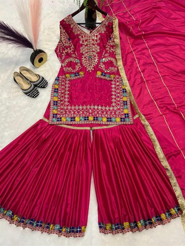 Shop Heavy Chinon Embroidered Sharara Plazo Set with Dupatta - Image 5