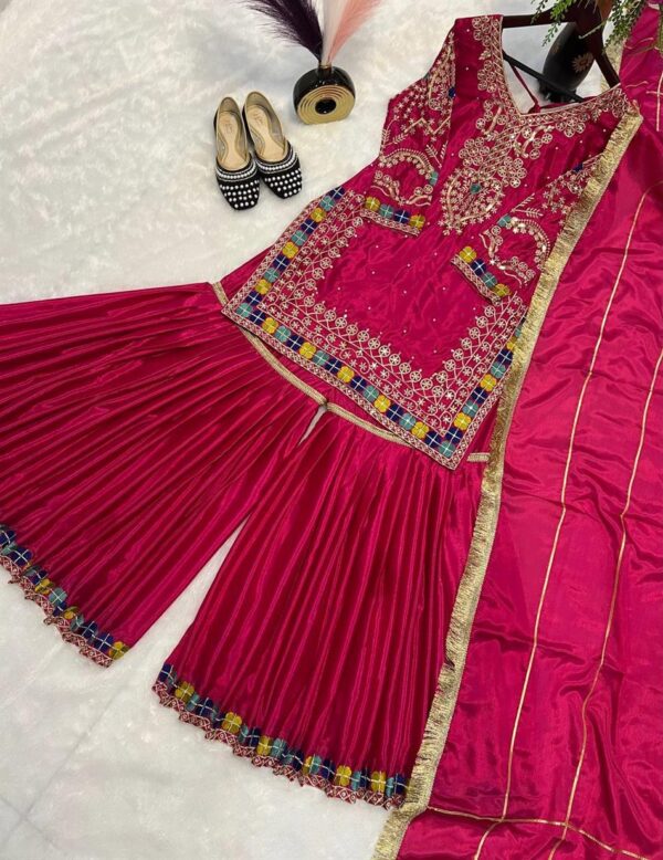 Shop Heavy Chinon Embroidered Sharara Plazo Set with Dupatta - Image 3