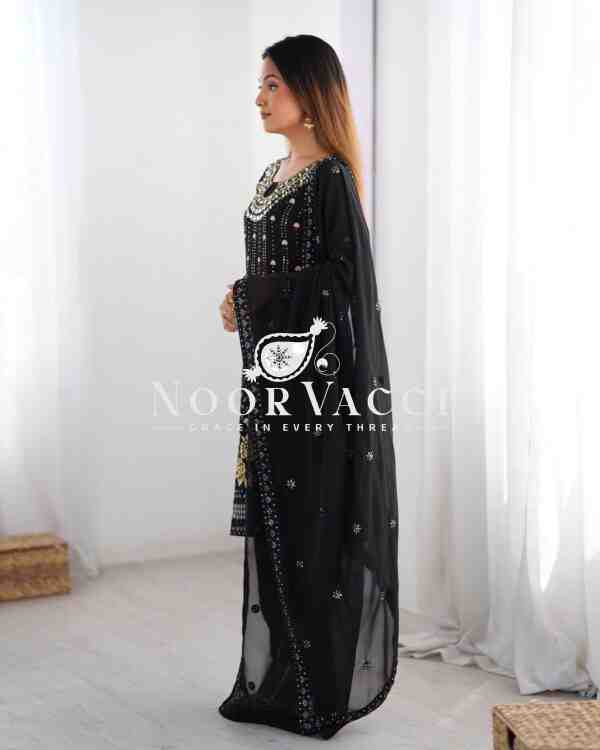 Faux Georgette Mirror Work Pant Set with Embroidered Dupatta - Image 3