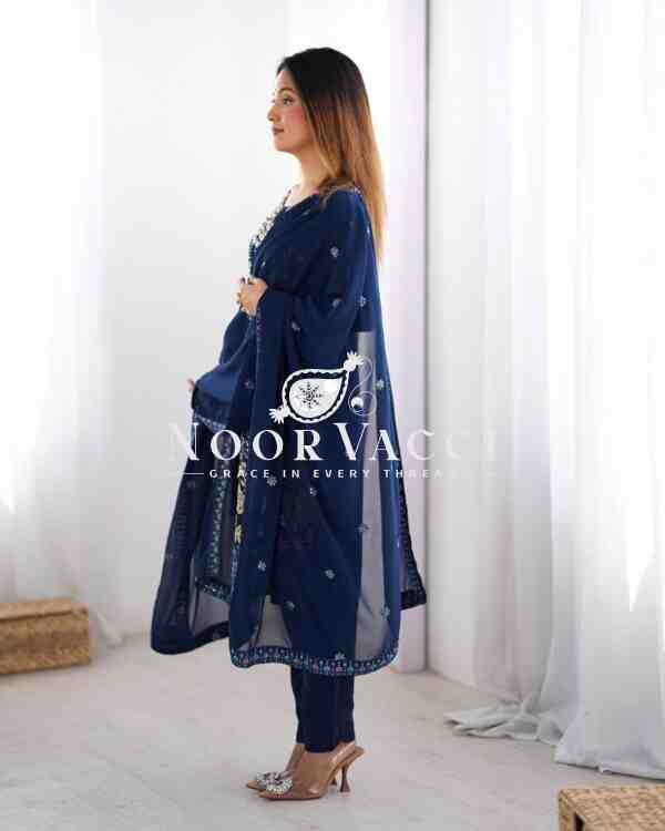 Faux Georgette Mirror Work Pant Set with Embroidered Dupatta - Image 3