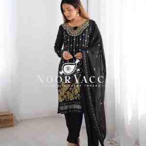 Faux Georgette Mirror Work Pant Set with Embroidered Dupatta