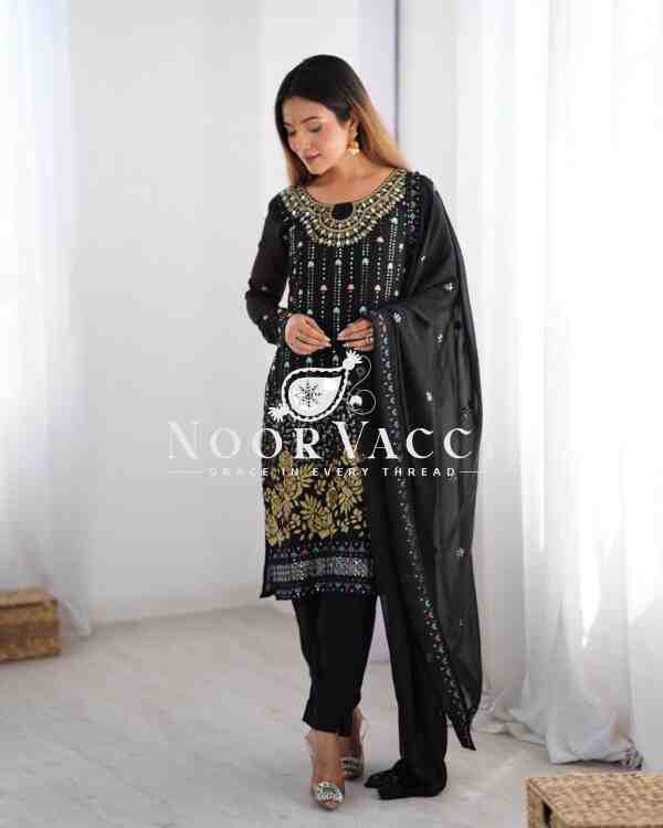 Faux Georgette Mirror Work Pant Set with Embroidered Dupatta