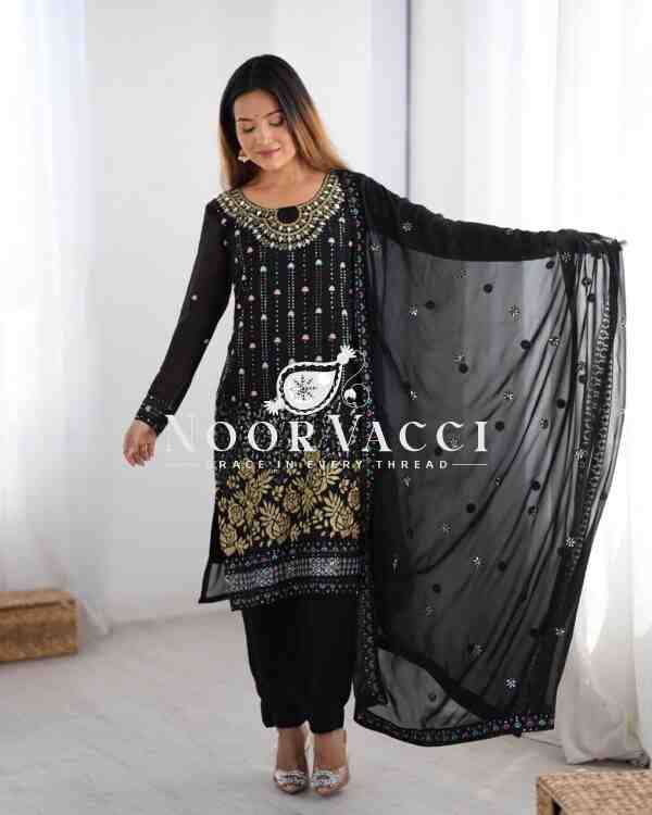 Faux Georgette Mirror Work Pant Set with Embroidered Dupatta - Image 5