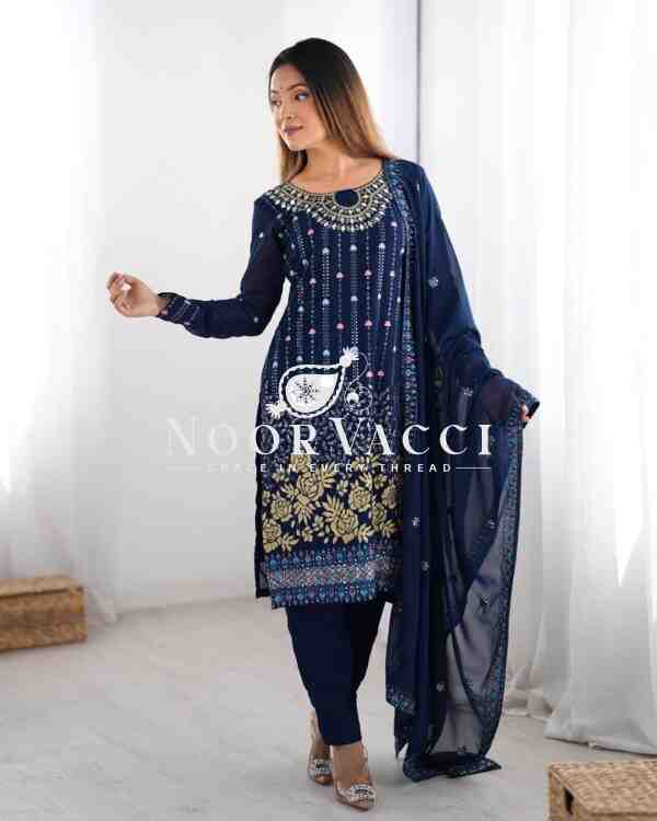 Faux Georgette Mirror Work Pant Set with Embroidered Dupatta - Image 6