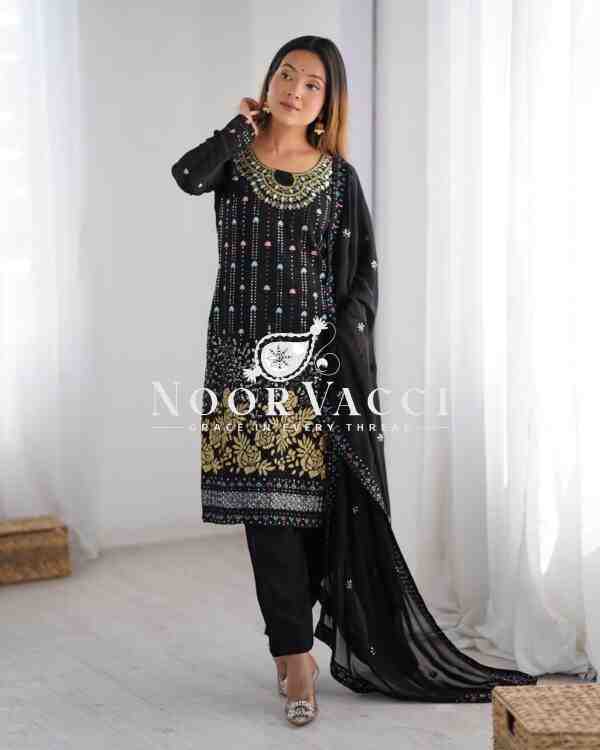 Faux Georgette Mirror Work Pant Set with Embroidered Dupatta - Image 2