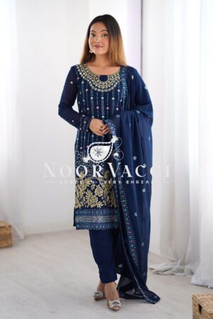 Shop Faux Georgette Mirror Work Pant Set with Embroidered Dupatta