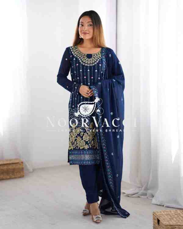 Faux Georgette Mirror Work Pant Set with Embroidered Dupatta