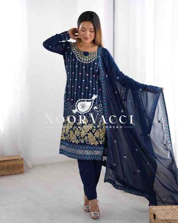 Faux Georgette Mirror Work Pant Set with Embroidered Dupatta - Image 2