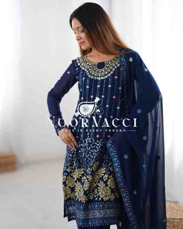 Faux Georgette Mirror Work Pant Set with Embroidered Dupatta - Image 5