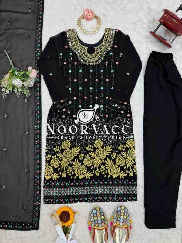 Faux Georgette Mirror Work Pant Set with Embroidered Dupatta - Image 6