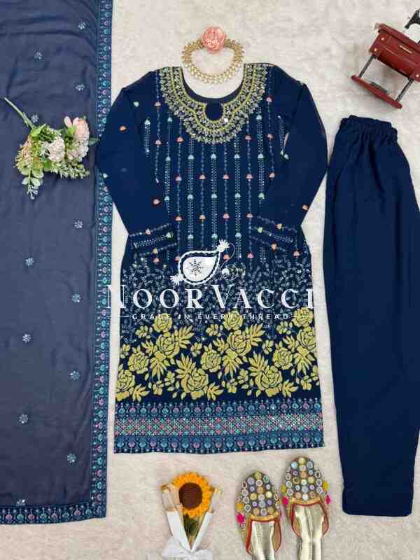 Faux Georgette Mirror Work Pant Set with Embroidered Dupatta - Image 7
