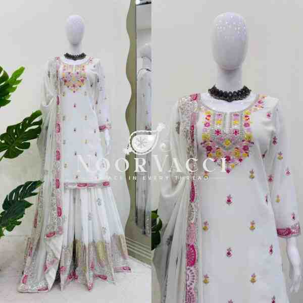 Faux Georgette Embroidered Sharara Set with Dupatta - Image 6