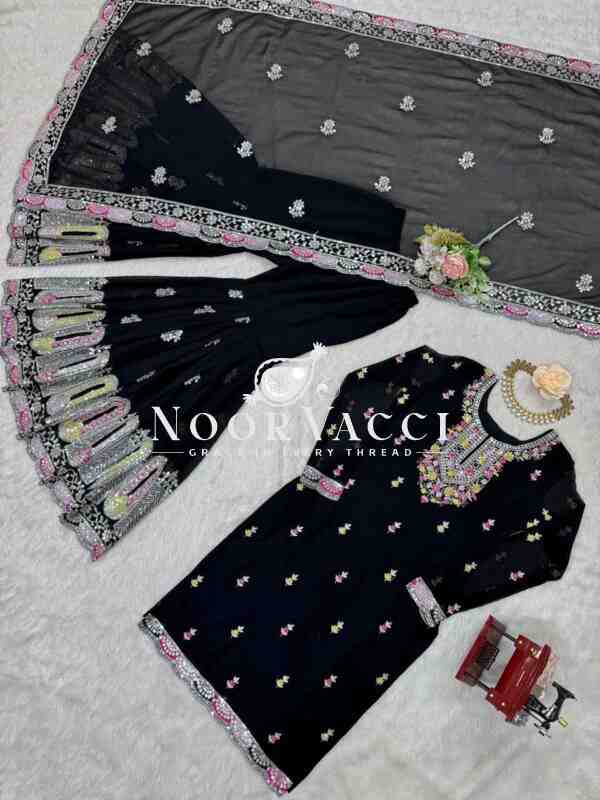 Faux Georgette Embroidered Sharara Set with Dupatta - Image 9