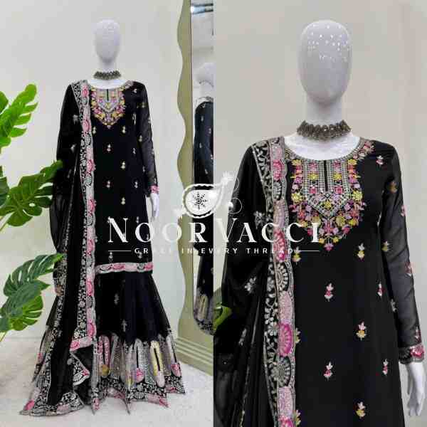 Faux Georgette Embroidered Sharara Set with Dupatta - Image 7