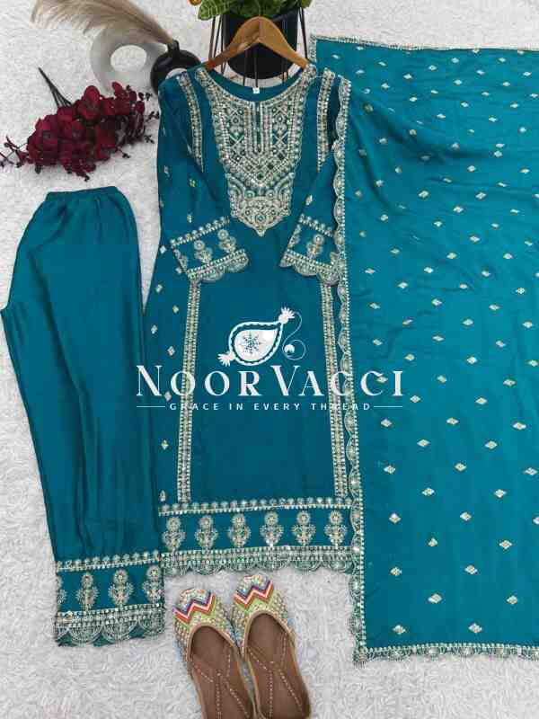 Heavy Chinon Silk Top-Bottom & Dupatta Set with Real Mirror Khatli Work - Image 6