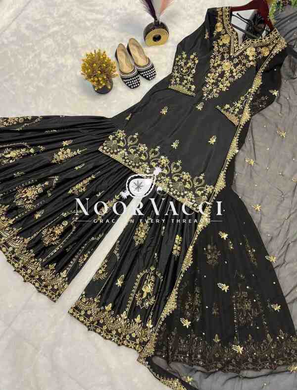 Natural Crepe Embroidered Sharara Plazo Set with Dupatta - Image 9