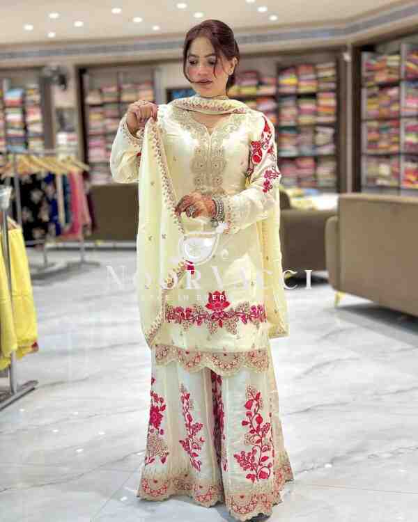 Chinon Silk Embroidered Sharara Plazo Set with Fancy Dupatta - Image 2