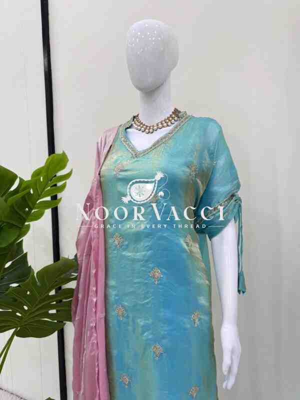 Japan Satin Top & Pant Set with Embroidered Fendy Silk Kaftan - Image 7