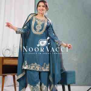 Chinon Silk Embroidered Top-Pant Set with Dupatta