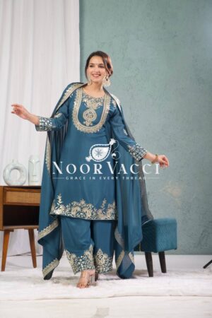 Shop Chinon Silk Embroidered Top-Pant Set with Dupatta
