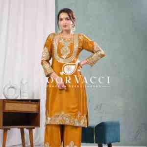 Chinon Silk Embroidered Top-Pant Set with Dupatta