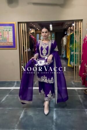 Buy Chinon Silk Embroidered Top-Pant Set with Dupatta