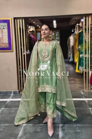 Buy Chinon Silk Embroidered Top-Pant Set with Dupatta
