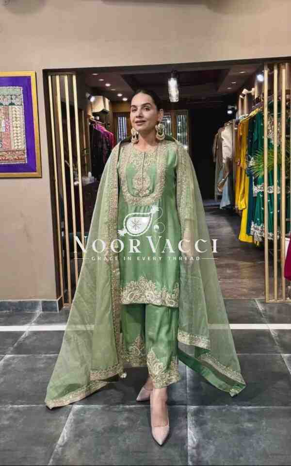 Chinon Silk Embroidered Top-Pant Set with Dupatta