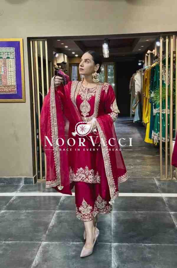 Chinon Silk Embroidered Top-Pant Set with Dupatta