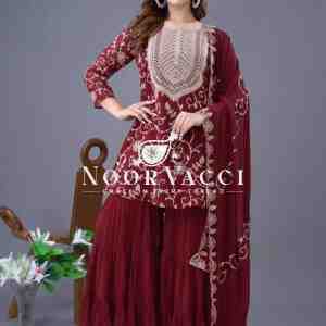 Heavy Georgette Top-Sharara & Dupatta Set with Ruffle Flair