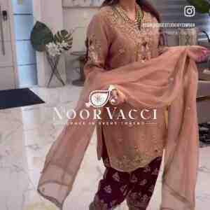 Chinon Silk Embroidered Top with Pant and Dupatta Set