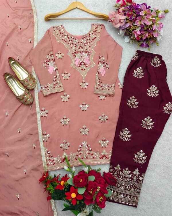 Buy Chinon Silk Embroidered Top with Pant and Dupatta Set - Image 3
